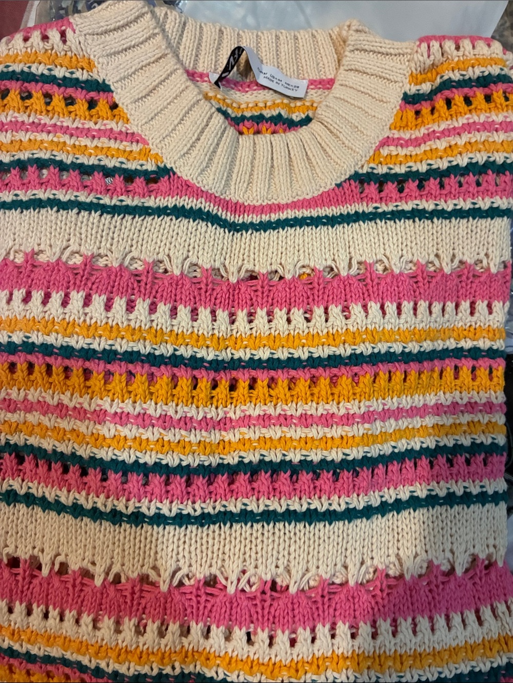 Zara Cream Crewneck Sweater with Pink, Mustard & Teal Stripes